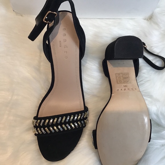 SANDRO GINA BLK LEATHER ANKLE STRAP HEELS SZ 8 - Picture 4 of 6